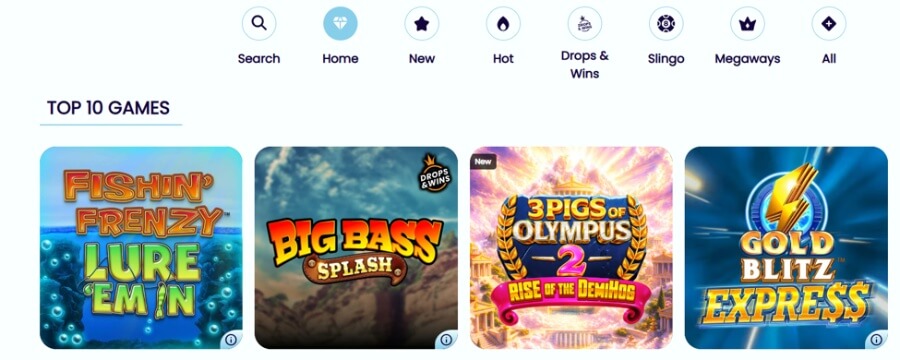 An online casino website lobby interface displaying navigation icons at the top—Search, Home, New, Hot, Drops & Wins, Slingo, Megaways, and All—above a "TOP 10 GAMES" section. Below are four game thumbnails: Blueprint's Fishin' Frenzy Lure 'Em In, Pragmatic Play's Big Bass Splash featuring a "Drops & Wins" badge, 3 Pigs of Olympus 2 Rise of the Demigods with a "New" badge, and Gold Blitz Express.