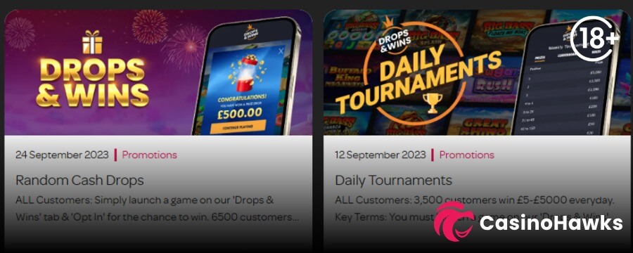 A side-by-side pair of online casino tournament promotion cards set on a dark background. The left card titled "Random Cash Drops" features fireworks behind a gold "DROPS & WINS" gift box icon and a mobile smartphone displaying a "CONGRATULATIONS! YOU HAVE WON A PRIZE DROP £500.00" pop-up screen. The right card titled "Daily Tournaments" displays an orange "DROPS & WINS DAILY TOURNAMENTS" trophy badge over a mobile leaderboard showing prize rankings alongside slot game tiles including Big Bass Splash and Sugar Rush. An 18+ age verification badge rests in the top right, and the Casino Hawks pink lion co-branding logo sits in the bottom right corner.