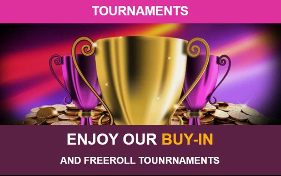 Lucky Niki casino interface banner featuring large gold and purple championship cups highlighting buy-in and freeroll tournaments.