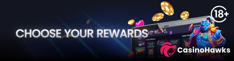A dark promotional casino banner featuring prominent bold white text reading "CHOOSE YOUR REWARDS" set against subtle light streaks. On the right, gold casino chips and coins float around a tablet displaying a casino loyalty platform interface with mission counters and badges. A smiling blue genie mascot wearing a purple vest and holding gold coins stands beside the tablet screen. An 18+ age verification badge sits in the top right corner, and the Casino Hawks pink lion co-branding logo rests in the bottom right section.