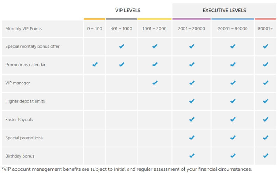 A light-themed VIP casino loyalty program breakdown table dividing ranks into VIP LEVELS (Bronze 0–400, Silver 401–1,000, Gold 1,001–2,000 monthly points) and EXECUTIVE LEVELS (Platinum 2,001–20,000, Diamond 20,001–80,000, Red Diamond 80,001+ monthly points). Blue checkmarks map tier benefits including Special monthly bonus offer, Promotions calendar, VIP manager, Higher deposit limits, Faster Payouts, Special promotions, and Birthday bonus. The bottom includes UK compliance fine print: "*VIP account management benefits are subject to initial and regular assessment of your financial circumstances."