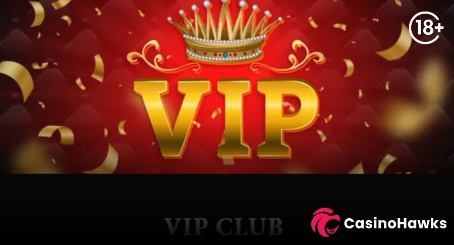 A luxury red and gold promotional casino banner featuring prominent 3D gold letters spelling "VIP" crowned with an ornate jeweled gold tiara. Gold confetti floats across a rich red background above a black lower bar displaying the text "VIP CLUB". An 18+ age verification badge sits in the top right corner, and the Casino Hawks pink lion co-branding logo rests in the bottom right corner.