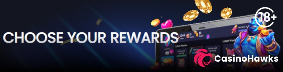 A dark blue promotional casino VIP banner featuring bold white text reading "CHOOSE YOUR REWARDS". On the right, a desktop screen displays an online casino gamified reward shop featuring tracking metrics for Points, Missions, and Badges alongside floating gold casino chips and hearts. A blue genie character holding gold coins stands beside the screen beneath an 18+ age verification badge and the Casino Hawks pink lion co-branding logo.