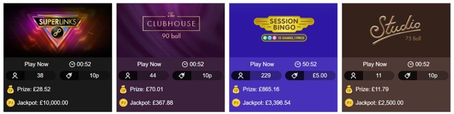 Selection of online bingo rooms for the UK market, featuring Superlinks, The Clubhouse 90 ball, Session Bingo, and Studio 75 Ball. The interface displays real-time game data including ticket prices starting from 10p, player counts, prize pools, and progressive jackpots up to £10,000.00. This layout targets search intent for "best UK bingo rooms" and "low stake online bingo".