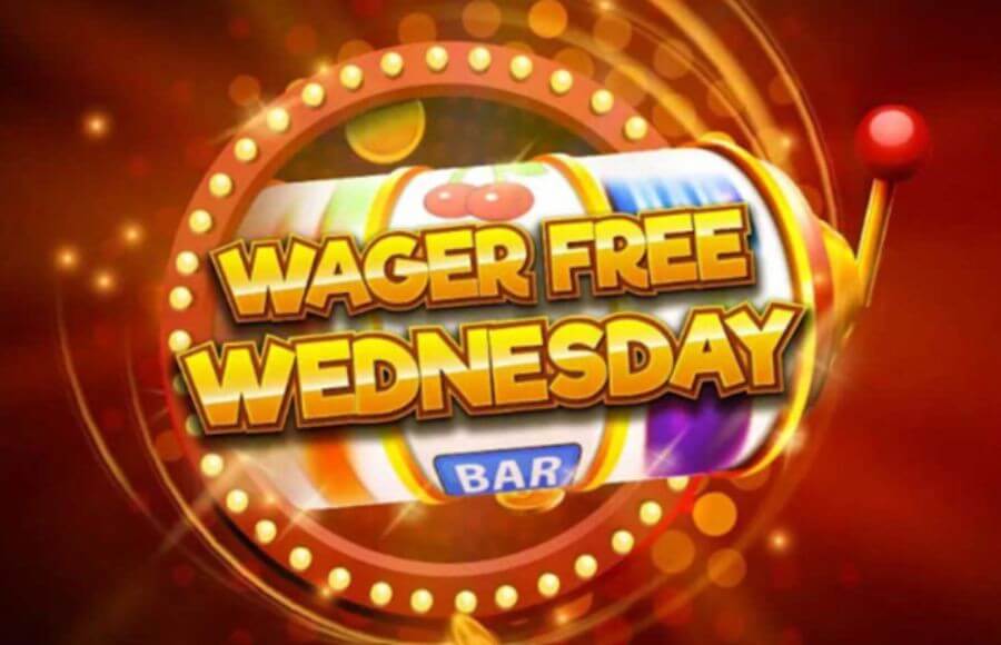 Promotional banner for "Wager Free Wednesday" at a UK online casino, featuring a classic slot machine reel with cherry and BAR symbols surrounded by a glowing gold light-up border. The bold gold text emphasizes a wager-free bonus offer on a warm red background with bokeh light effects, targeting UK players searching for no-wagering slot promotions.