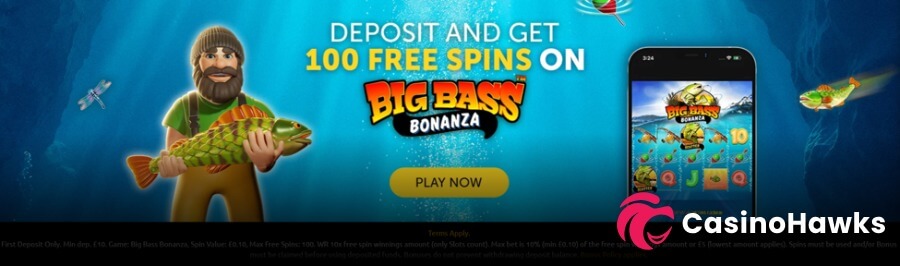 Promotional welcome offer hero banner set on an underwater blue background featuring the iconic fisherman character holding a fish on the left. White and yellow central text reads "DEPOSIT AND GET 100 FREE SPINS ON BIG BASS BONANZA" above a yellow "PLAY NOW" button. On the right, a mobile smartphone displays Pragmatic Play's Big Bass Bonanza slot gameplay. Includes a CasinoHawks watermark and bottom UKGC compliance fine print (First Deposit Only, Min dep £10, Game: Big Bass Bonanza, Spin Value £0.10, Max Free Spins 100, WR applies, 18+).