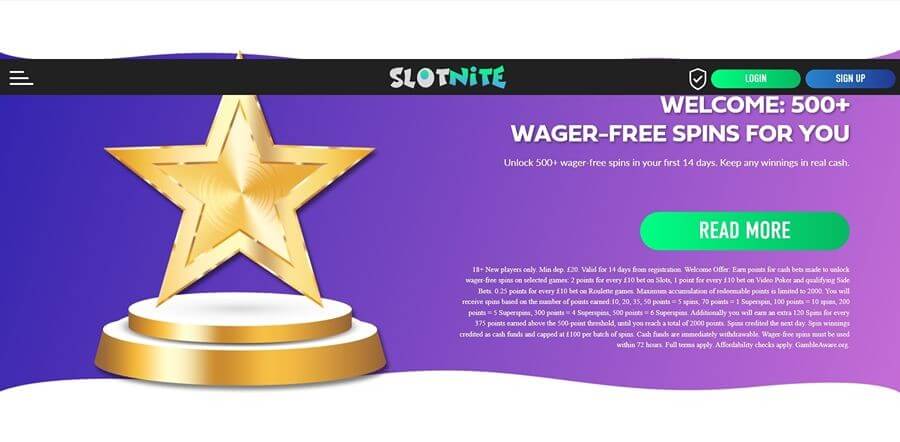 Slotnite Casino welcome offer banner: "Welcome: 500+ Wager-Free Spins for You." The graphic features a large 3D gold star on a pedestal against a purple and blue gradient background. This targets search intent for "best wager-free spins UK," "keep what you win casino bonuses," and "Slotnite new player offer".