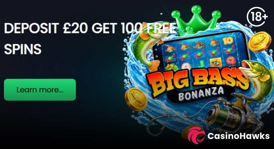 A dark promotional casino banner with bold white text reading "DEPOSIT £20 GET 100 FREE SPINS" beside a green "Learn more..." button. The right side features a water splash graphic surrounding Pragmatic Play's Big Bass Bonanza slot logo, a smartphone displaying the slot reels, jumping bass fish, fishing rod reel, gold coins, and a green crown. Top right corner displays an 18+ age verification badge, and the bottom right features the Casino Hawks pink lion co-branding logo.
