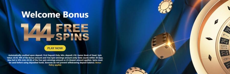 Online casino promotional welcome bonus banner on a luxury draped blue background. The text features bold gold lettering reading "Welcome Bonus: 144 FREE SPINS" above a yellow "PLAY NOW" button. The right side features stylized floating golden dice, casino chips, and a premium roulette wheel segment. This targets high-intent UK search terms for "144 free spins welcome bonus," "Book of Dead free spins sign up offer," and "best online casino introductory promotions."