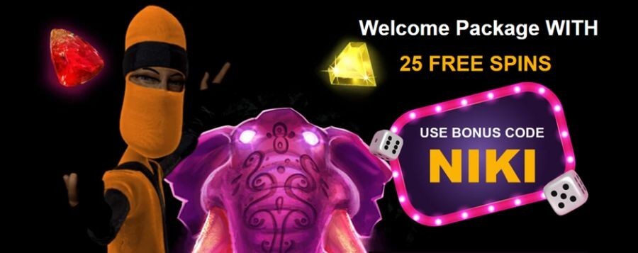 Lucky Niki welcome bonus package advertisement featuring 25 free spins, code NIKI sign, an orange ninja character, and a glowing purple elephant.