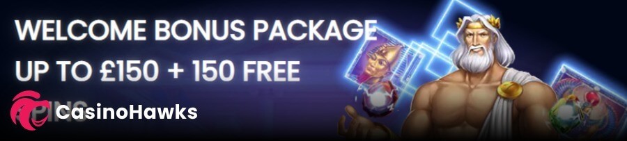 An online casino promotional header banner advertising a sign-up incentive against a dark blue background. The white text reads "WELCOME BONUS PACKAGE UP TO £150 + 150 FREE SPINS". The right side features a muscle-bound illustration of the Greek god Zeus with a white beard and golden laurel wreath, alongside floating holographic neon slot game symbols including an Egyptian pharaoh and colorful scarab gems. A "CasinoHawks" watermark brand logo is overlaid in the bottom left corner.