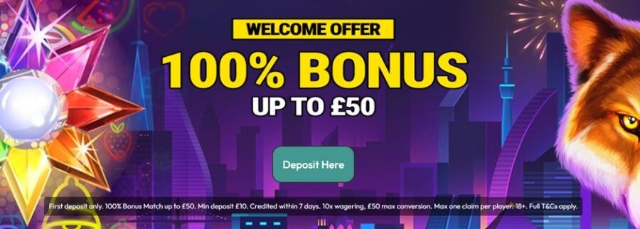 Online casino marketing header banner advertising a sign-up promotion set against a purple and blue neon cityscape skyline backdrop under fireworks. In the center, prominent yellow and white text reads "WELCOME OFFER - 100% BONUS UP TO £50" positioned above a teal "Deposit Here" action button. The left side features a glowing, multicolored starburst jewel symbol from Starburst slots, while the right side features a close-up graphic of a wild orange wolf's face from Wolf Gold slots.