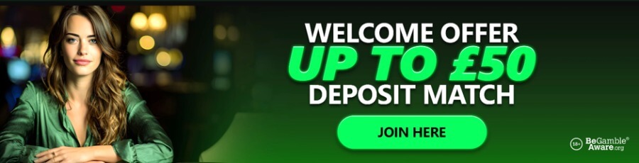 An online casino promotional welcome banner on a dark green background with warm bokeh casino lighting. On the left, a smiling woman in a green silk blouse rests her arms on a casino table. On the right, bold white and glowing neon green typography advertises a "WELCOME OFFER UP TO £50 DEPOSIT MATCH" above a pill-shaped bright green "JOIN HERE" button. An 18+ regulatory badge and BeGambleAware.org link are displayed in the bottom right corner.