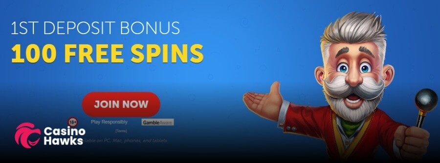 A bright blue online casino promotional banner featuring white and bold yellow typography reading "1ST DEPOSIT BONUS 100 FREE SPINS". On the right, the Casino Hawks mascot—a white-bearded man in a red jacket holding a cane—gestures toward a red "JOIN NOW" call-to-action button. The bottom left includes the Casino Hawks pink lion logo alongside 18+, Play Responsibly, and GambleAware.org compliance markers, with text confirming availability on PC, Mac, phones, and tablets.