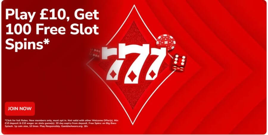 Promotional casino welcome offer for the UK market: "Play £10, Get 100 Free Slot Spins." The graphic features a white "777" slot symbol, red dice, and a casino chip on a layered red background. This targets search intent for "100 free spins UK," "best casino sign up offers," and "low deposit slot bonuses" on popular titles like Big Bass Splash.