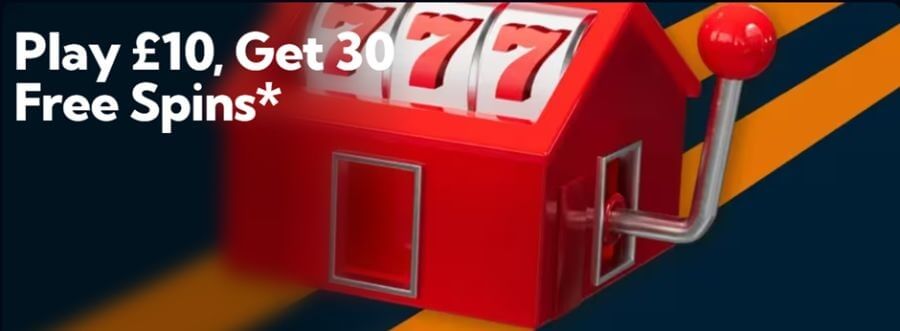 Promotional casino banner for the UK market featuring the offer: "Play £10, Get 30 Free Spins." The graphic showcases a red Monopoly-style hotel house redesigned as a slot machine with a silver pull-lever and triple red "7" symbols on the reels. The background is a dark navy blue with diagonal orange racing stripes, targeting players searching for new customer slot bonuses.