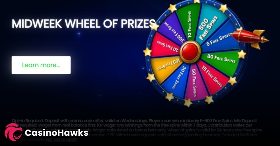 An online casino promotional banner advertising a "MIDWEEK WHEEL OF PRIZES" bonus offer against a dark blue starry night background. On the right, a colorful prize wheel segmented into vibrant slices (green, blue, red, purple, orange) features varying free spin rewards including 5, 10, 15, 20, 30, 50, 80, 100, 300, and a top prize of "500 FREE SPINS", pointed to by a retro red rocket indicator. A white "Learn more..." button sits on the left, and a "CasinoHawks" affiliate watermark logo is positioned in the bottom left corner over detailed promotional footnotes.