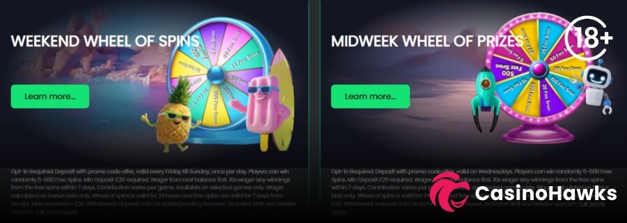 A split dark promotional casino banner showcasing two prize wheel offers. On the left, WEEKEND WHEEL OF SPINS features a colorful prize wheel (5 to 500 free spins), surfboard, and animated pineapple and popsicle characters above a green "Learn more..." button. On the right, MIDWEEK WHEEL OF PRIZES shows a pink prize wheel with a rocket and robot character beneath an 18+ badge and beside the Casino Hawks logo. Fine print terms at the bottom specify Opt-in required, £20 min deposit with promo code, 10x wagering on free spin winnings, 7-day expiry, £20 max conversion, and Skrill/Neteller deposit exclusions.