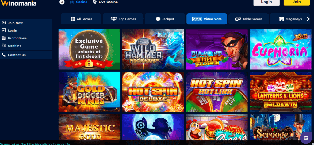 WinOMania Casino game selection