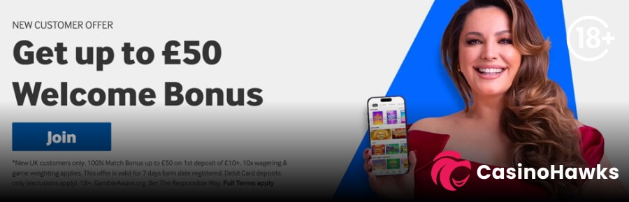 A clean online casino promotional banner featuring a smiling woman with long wavy hair in a red off-the-shoulder dress holding a smartphone displaying a casino lobby interface. On the left, bold dark gray text on a light background reads "NEW CUSTOMER OFFER - Get up to £50 Welcome Bonus" above a dark blue "Join" CTA button. Compliance terms below state: "*New UK customers only. 100% Match Bonus up to £50 on 1st deposit of £10+. 10x wagering... 18+. GambleAware.org. Bet The Responsible Way. Full Terms apply". An 18+ age restriction badge sits in the top right corner, and the Casino Hawks pink lion co-branding logo rests in the bottom right corner.