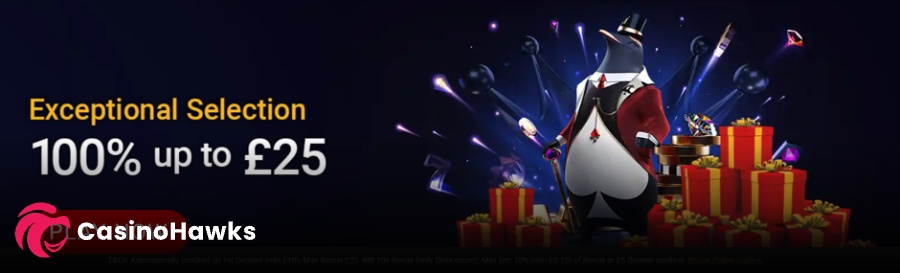 Promotional welcome offer banner for an online casino set against a dark background with sparkling light effects. The left side features bold headline text in yellow reading "Exceptional Selection" above white offer text "100% up to £25". On the right side, an animated mascot character—a penguin in a suit and top hat holding a cane—stands surrounded by stacked red gift boxes with yellow ribbons, gold casino chips, sparkling gems, and standard regulatory compliance disclaimer text along the bottom.