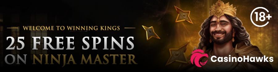 A dark promotional casino banner for Winning Kings featuring gold and white text reading "WELCOME TO WINNING KINGS — 25 FREE SPINS ON NINJA MASTER". On the right side, an illustrated smiling king with long dark hair and a gold crown stands beside glowing gold throwing stars (shuriken). An 18+ age verification badge sits in the top right corner, and the Casino Hawks pink lion co-branding logo rests in the bottom right corner.