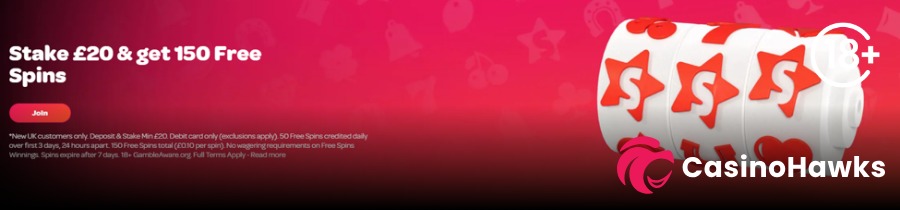 A vibrant pink and red promotional casino banner with bold white text reading "Stake £20 & get 150 Free Spins" above a red "Join" button. Small UKGC compliance text outlines a minimum £20 deposit and debit card requirements. On the right, three white 3D slot reels display red star symbols with "S" logos. An 18+ age verification badge sits in the top right corner, and the Casino Hawks pink lion co-branding logo rests in the bottom right corner.