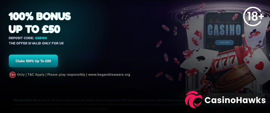 A dark promotional casino banner featuring prominent white text reading "100% BONUS UP TO £50" alongside "DEPOSIT CODE: Q88100" and "THE OFFER IS VALID ONLY FOR UK". A bright turquoise CTA button reads "Claim 100% Up To £50" above responsible gambling compliance copy citing 18+ Only | T&C Apply | Please play responsibly | www.begambleaware.org. On the right, floating poker cards, casino chips, and a slot machine displaying "777" surround a smartphone showing an "ONLINE CASINO" interface. An 18+ age verification badge rests in the top right, and the Casino Hawks pink lion co-branding logo sits in the bottom right corner.