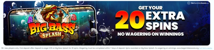 An online casino promotional banner on a dark blue underwater background featuring a smartphone displaying Pragmatic Play's Big Bass Splash slot game logo on the left. Large bold text on the right reads "GET YOUR 20 EXTRA SPINS - NO WAGERING ON WINNINGS" in red, orange, yellow, and white lettering. The banner includes an 18+ age restriction notice, a BeGambleAware.org link in the top right, and detailed terms and conditions along the bottom bar.