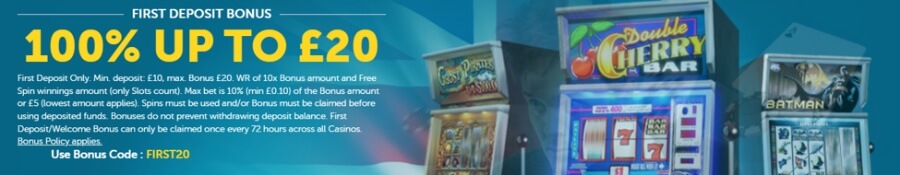 Promotional welcome offer banner set on a teal gradient background featuring classic arcade slot cabinet graphics. Headline reads "FIRST DEPOSIT BONUS 100% UP TO £20" in bold yellow text above callout "Use Bonus Code : FIRST20". White subtext outlines UK compliance details: "First Deposit Only. Min. deposit: £10, max. Bonus £20. WR of 10x Bonus amount and Free Spin winnings amount (only Slots count). Max bet is 10% (min £0.10) of the Bonus amount or £5 (lowest amount applies)... Bonus Policy applies."